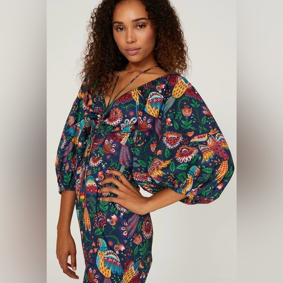 FARM Rio Pants - FARM Rio Tropical Bird Print Puff Sleeve Tropical Print Cotton Jumpsuit sz S